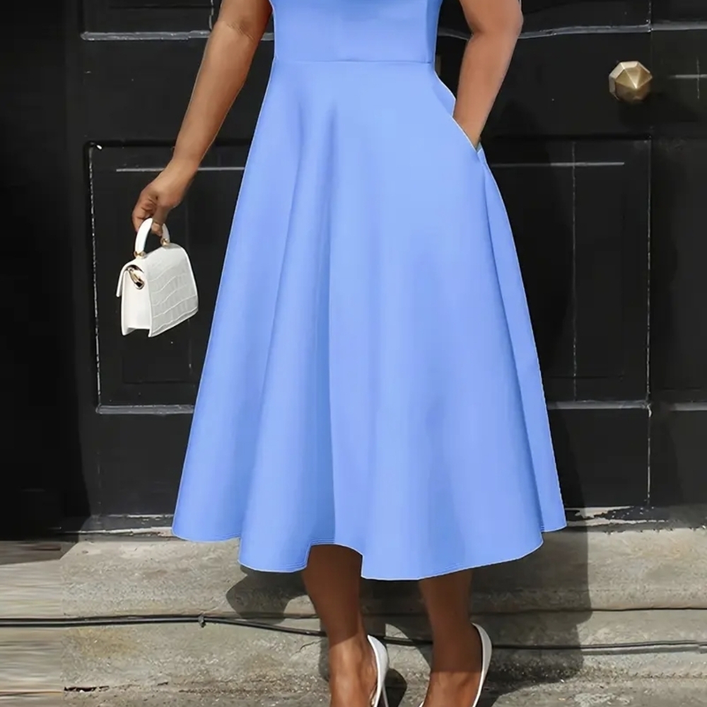Chic Sky Blue Midi Dress Buy 2 Get A Free Random Pillbox Hat
